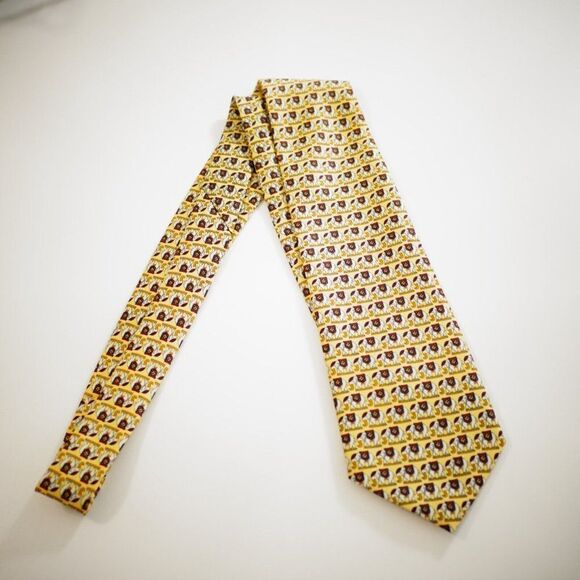 Rene‎ Chagal Handmade Elephant Print Yelow Wide Silk Tie - Picture 5 of 5